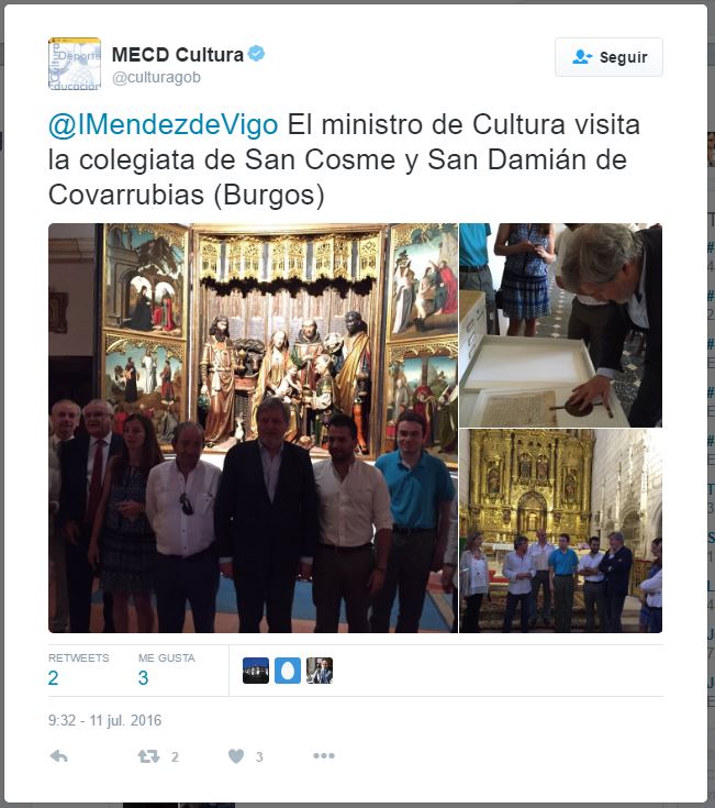 Captura tuit MECD Cultura en Twitter_ _@IMendezdeVigo El ministro de Cul...